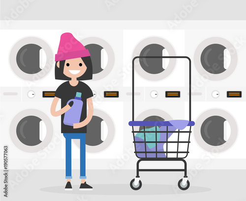 Daily routine. Young character washing clothes in a public coin laundry. Flat editable vector illustration, clip art