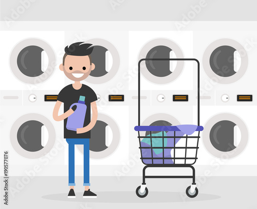 Daily routine. Young character washing clothes in a public coin laundry. Flat editable vector illustration, clip art