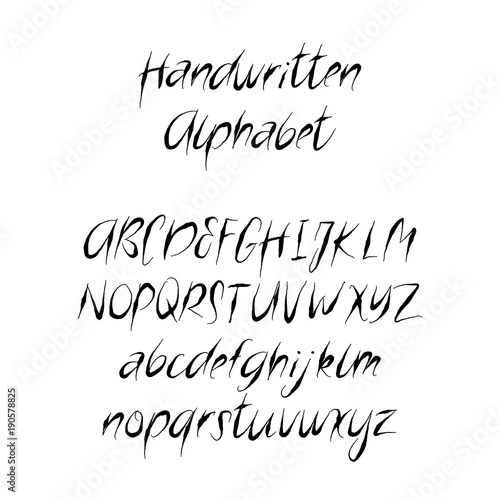 Decorative alphabet in horror style.. Handwritten brush letters. Uppercase, lowercase. Hand drawn Vector ABC for your Designs: wallpaper, pattern, poster, postcard, logo, wedding invitation.