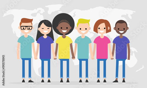 Set of characters wearing colorful t-shirts. Diversity conceptual illustration. Multiracial group of young people. Flat editable characters, clip art