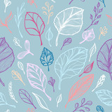 Seamless pattern from Hand draw structure of  leaves colorful on blue in line art for design flyer banner or for decoration package of  tea or cosmetic or  perfume or for design of botanical theme