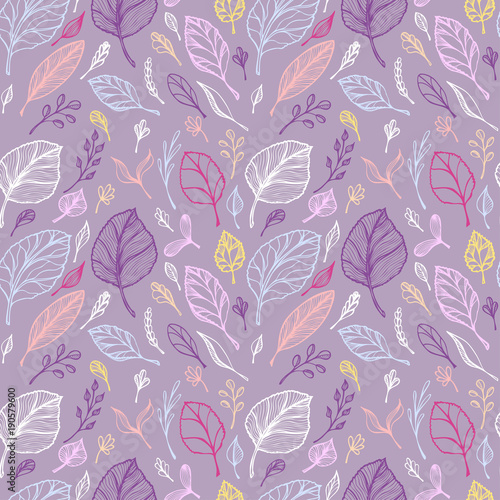 Seamless pattern from Hand draw structure of  leaves colorful on lilac in line art for design flyer banner or for decoration package of  tea or cosmetic or  perfume or for design of botanical theme