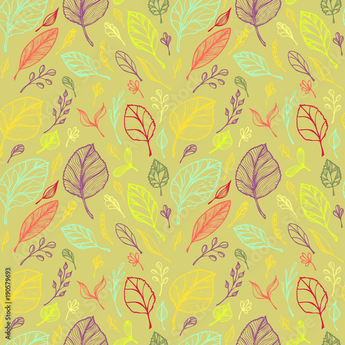 Seamless pattern from Hand draw structure of  leaves colorful on green in line art for design flyer banner or for decoration package of  tea or cosmetic or  perfume or for design of botanical theme