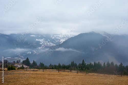 Beautiful view with morning fog in early spring, in Carpathian mountains, in Transylvania, Romania photo