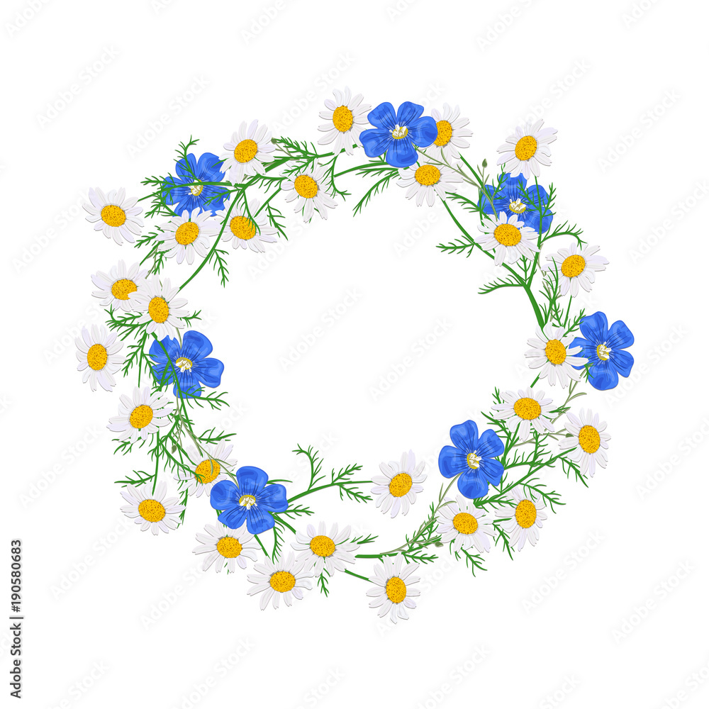 Vector flowers set. Beautiful wreath. Elegant floral collection with isolated blue,white, yellow leaves and flowers