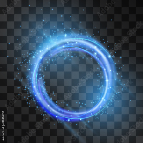 Vector blue neon light effect, circle frame with hazy flare. Magical glowing tail of shining stardust sparkles, winter illumination. Glistening energy ring flow in motion. Luxurious winter design.