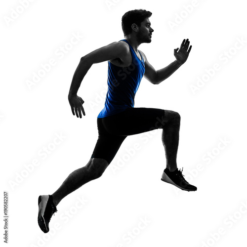 one caucasian runner sprinter running sprinting athletics man silhouette isolated on white background