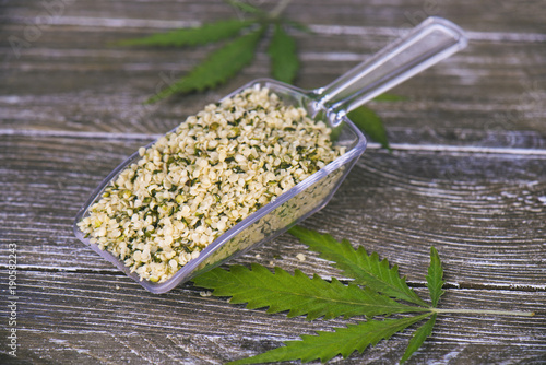 Scooper with a bunch of hulled edible hemp seeds