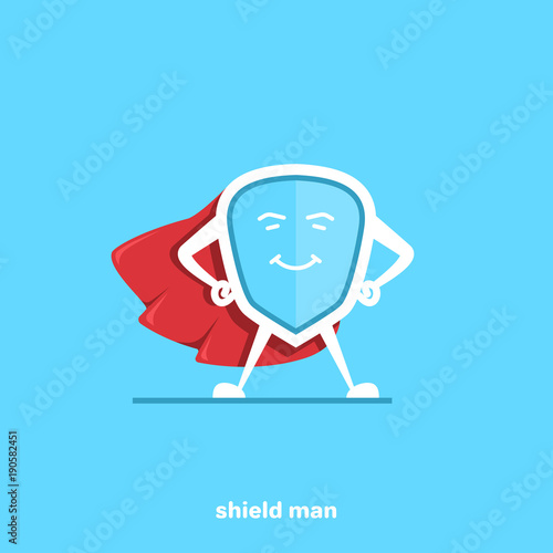 cartoon character in the form of a shield with a red raincoat on a blue background