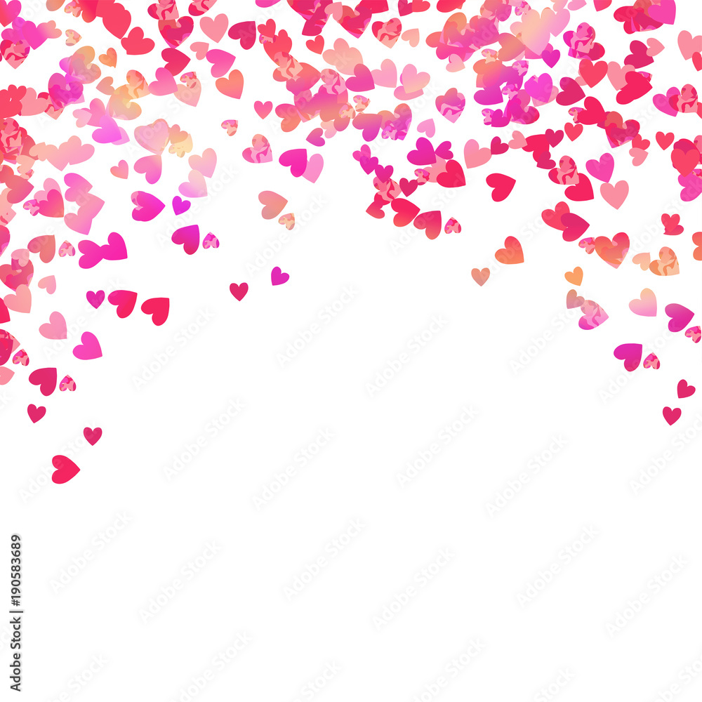 Pink heart shaped confetti and gentle sun flares decorated vector frame invitation  template for Valentine's day celebration parties, events or greeting wishes cards, banners.