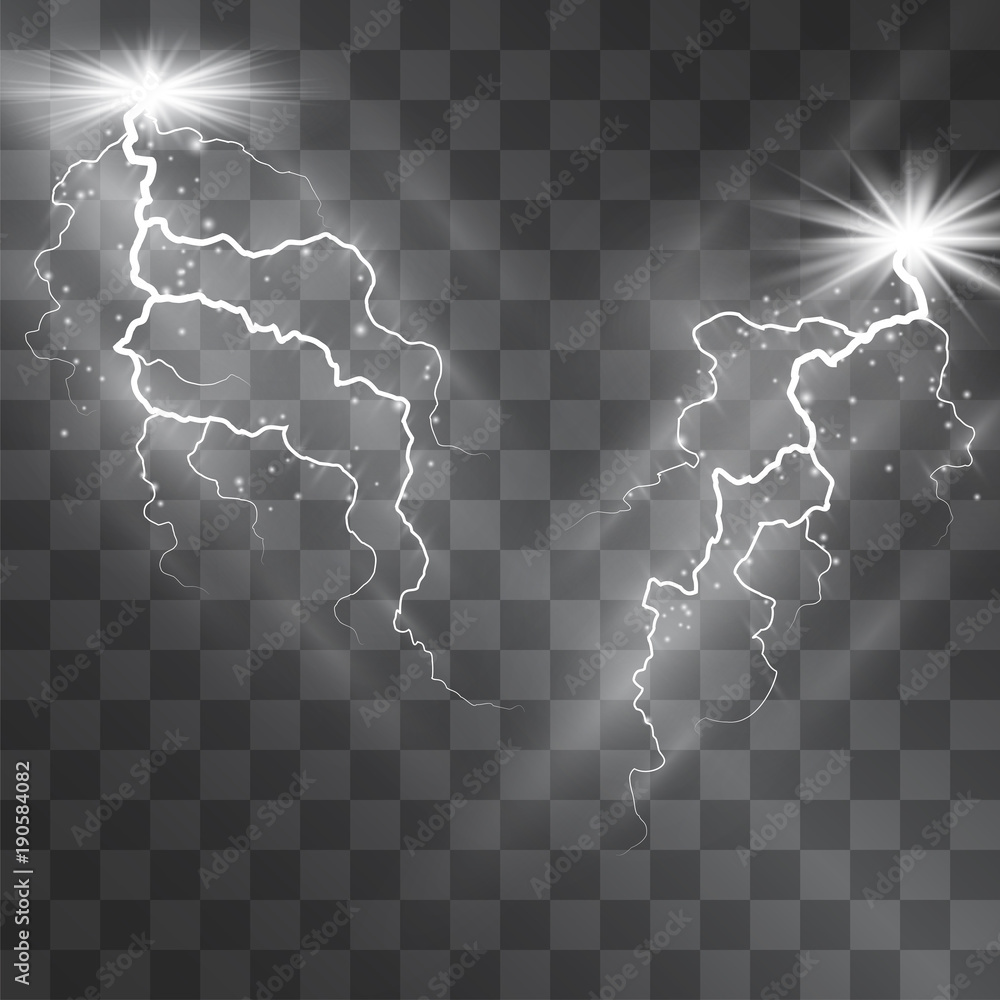 Lightning vector light effect. Decorative lighting bolt on transparent  background with magical glowing halo and sparkling stardust. Electric  charge flash, silver illumination lines in the sky. Stock Vector | Adobe  Stock
