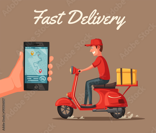 Fast and free delivery. Vector cartoon illustration. Food service. Retro scooter.
