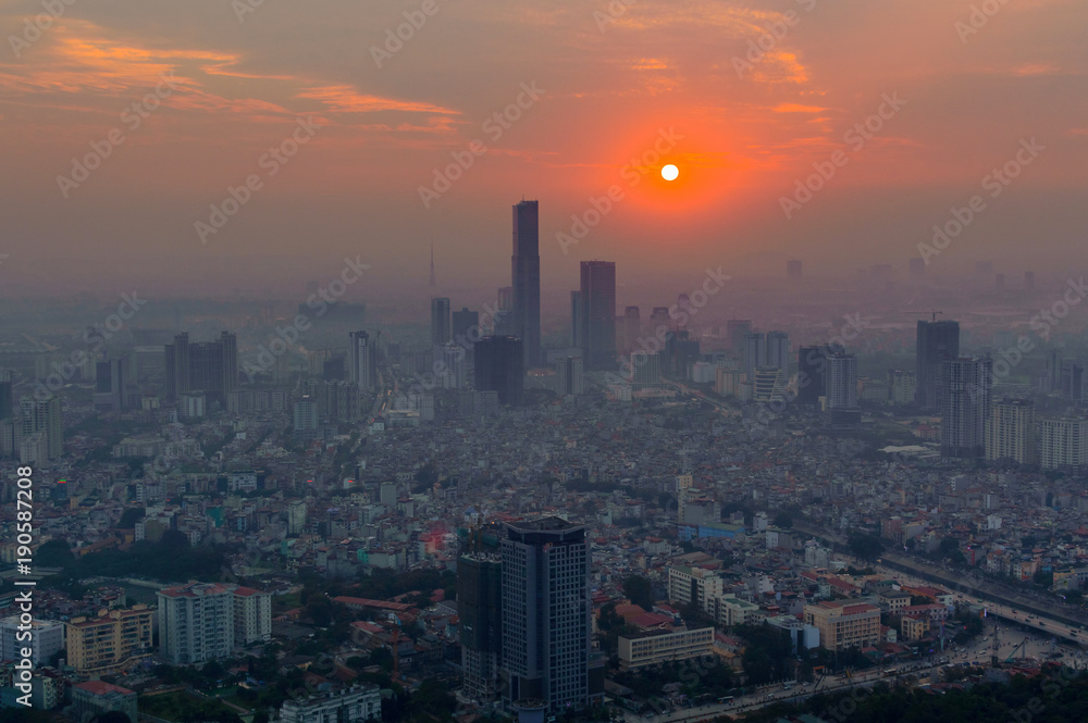 Aerial view of Hanoi skyline cityscape at sunset time