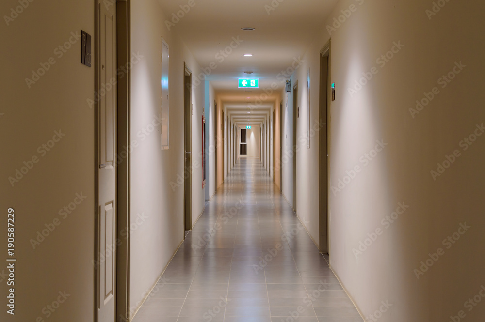 Long building hallway, apartment, condominium, hotel, commercial office building