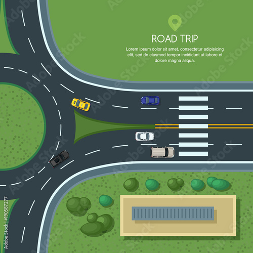 Vector flat illustration of roundabout road junction and city transport. City road, cars, crosswalk, trees and house top view. Street traffic, automobiles and transport design elements.