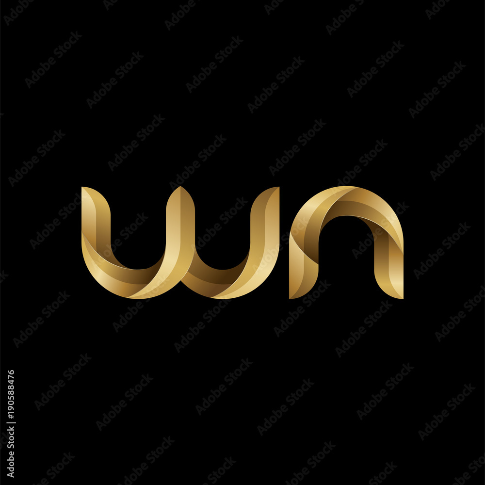 Fototapeta premium Initial lowercase letter wn, swirl curve rounded logo, elegant golden color on black background