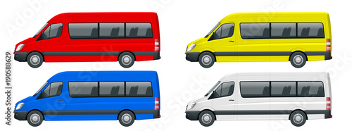 Realistic set of Van template Isolated passenger minibus for corporate identity and advertising. View from side.