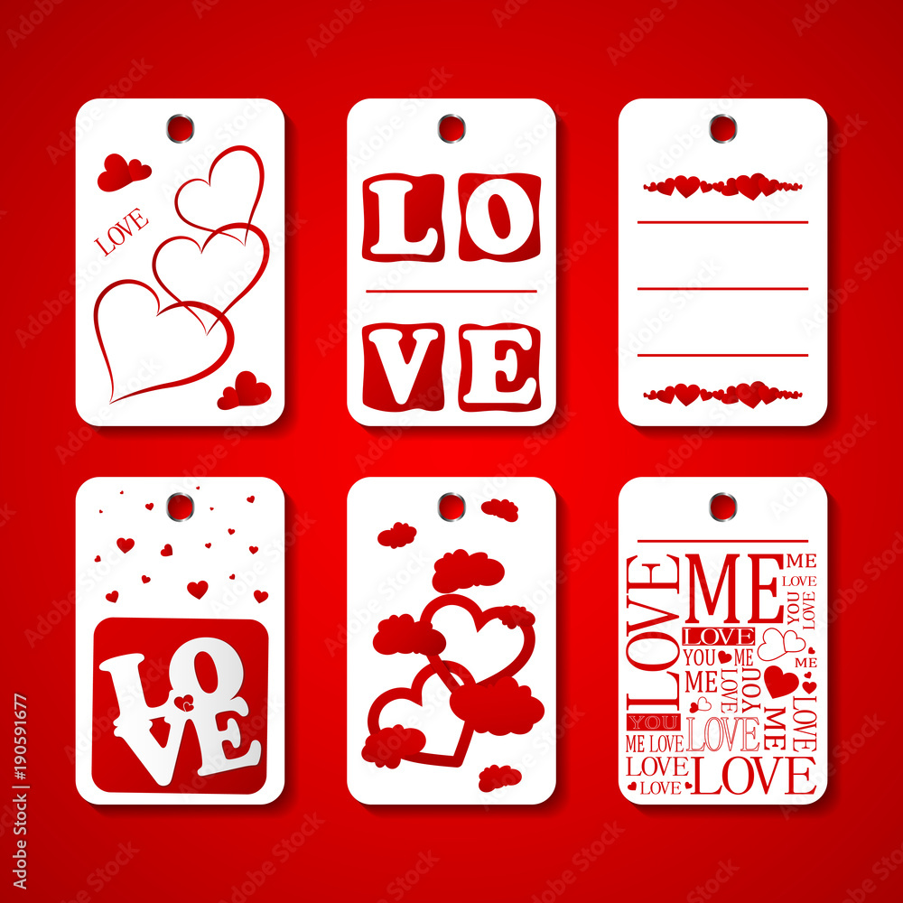Fototapeta premium Collection of Happy Valentines day gift tags. Set of hand drawn holiday label in white and red. Romantic badge design