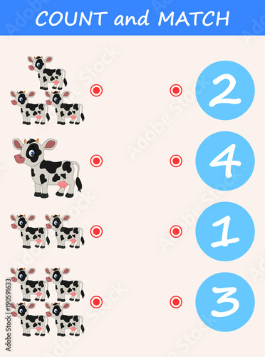 Count and match cow cartoon. Math educational game for children