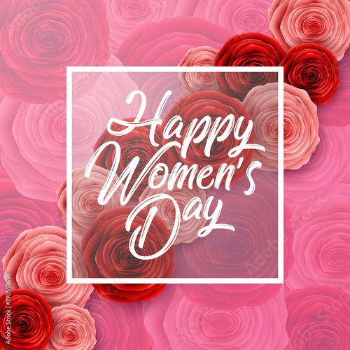 International Happy Women s Day greeting card with roses flowers and square frame on pink background