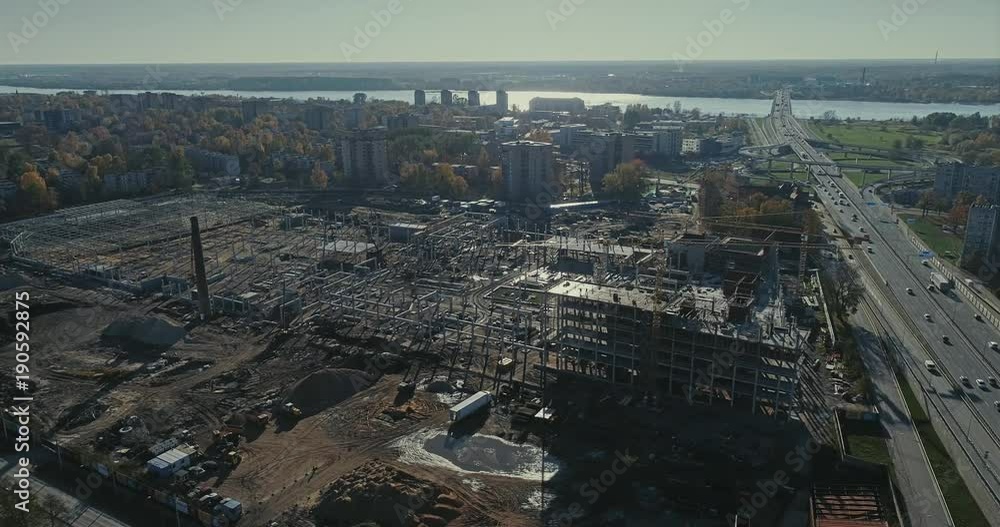 Bridge Viaduct road traffic machine Drone flight around building process Bridge Viaduct road traffic machine Drone flight around building process