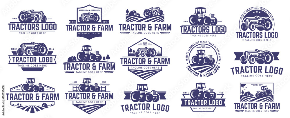 Obraz premium Kolekcja szablonu logo ciągnika i gospodarstwa, wektor zestaw, pakiet wektorów