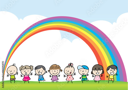 kids with rainbow background