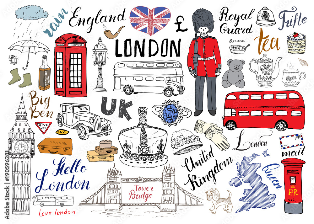Fototapeta premium Londyńskie miasto doodles elementy kolekcji. Ręcznie rysowane zestaw z, most, wieża, korona, big ben, straż królewska, czerwony autobus i taksówka, mapa Wielkiej Brytanii i flaga, dzbanek do herbaty, napis, ilustracja wektorowa na białym tle