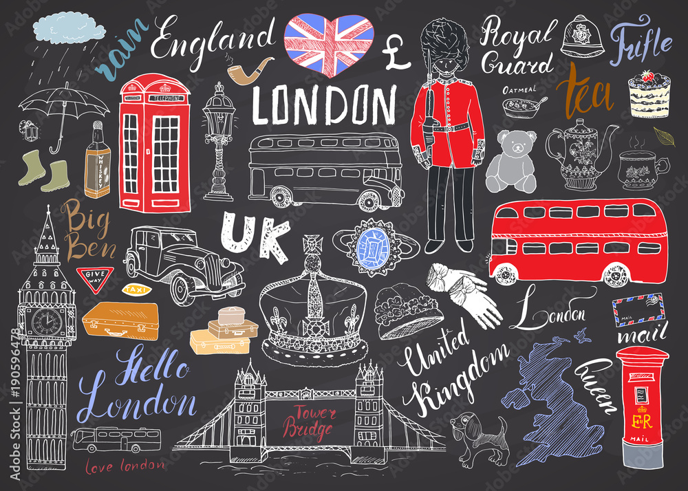 Obraz premium Londyńskie miasto doodles elementy kolekcji. Ręcznie rysowane zestaw z, most, wieża, korona, big ben, straż królewska, czerwony autobus i taksówka, mapa Wielkiej Brytanii i flaga, dzbanek do herbaty, napis, ilustracja wektorowa na białym tle