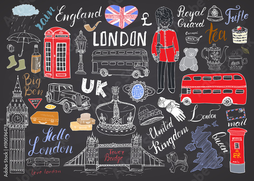 London city doodles elements collection. Hand drawn set with, tower bridge, crown, big ben, royal guard, red bus and cab, UK map and flag, tea pot, lettering, vector illustration isolated