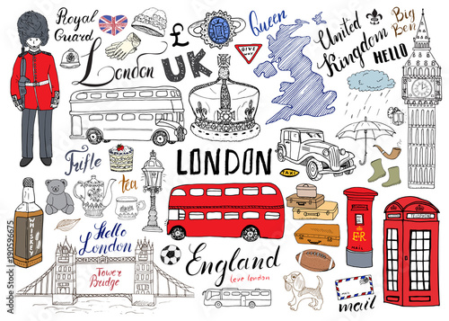 London city doodles elements collection. Hand drawn set with, tower bridge, crown, big ben, royal guard, red bus and cab, UK map and flag, tea pot, lettering, vector illustration isolated