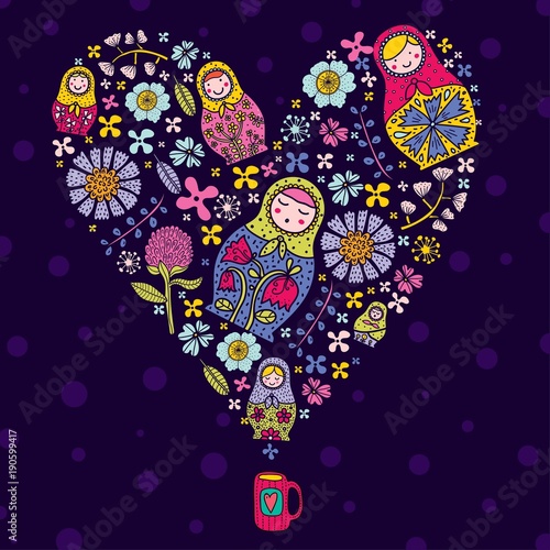 Russian heart. Cute illustration. Matryoshka and flowers. Cute babushka.