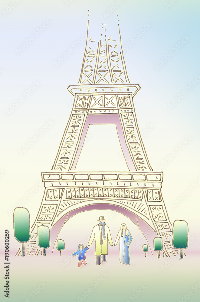 Spring in Paris. Happy family of three is walking near the Eiffel Tower. Pen Drawing.