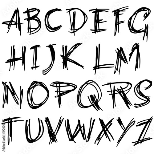 Handdrawn ink font. Modern inkpen lettering. Grunge style alphabet. Vector illustration.
