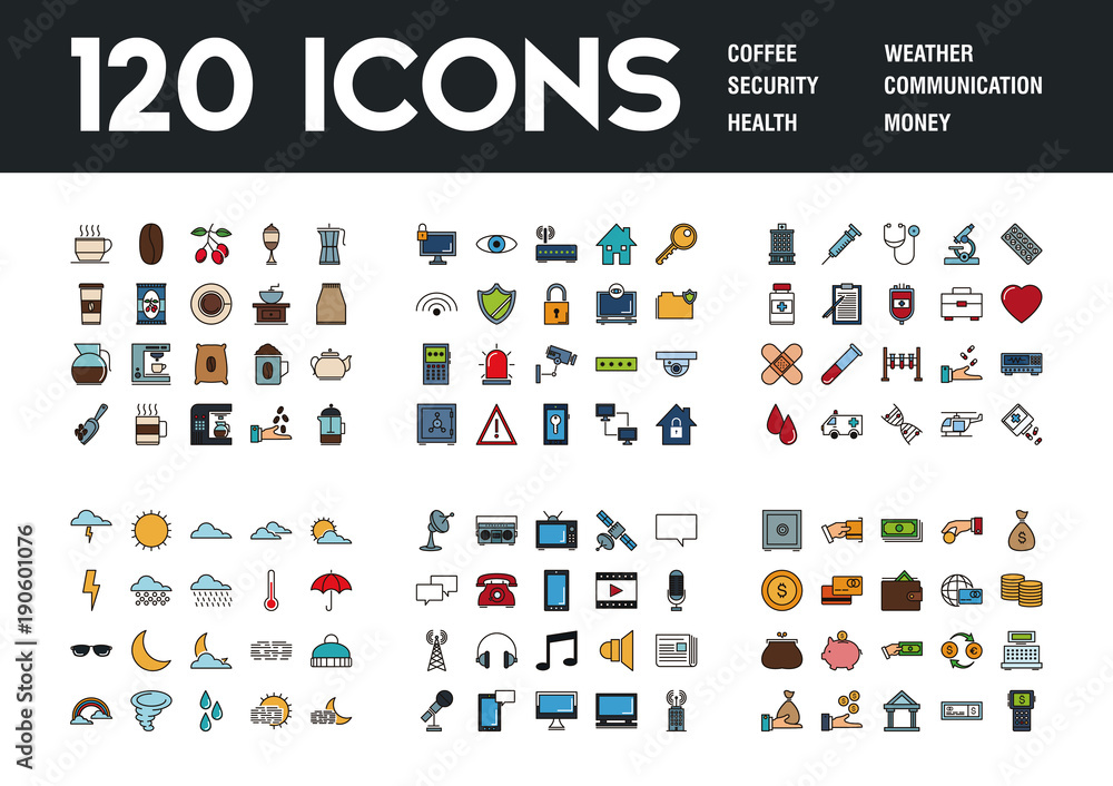 Set of 120 icons with different themes, vector illustration Set of 120 icons with different themes, vector illustration