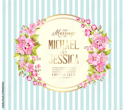 Marriage invitation card. Spring flowers bouquet of rose, peony and lavender garland. Wedding card with rose flowers over blue tile background. Vector illustration.