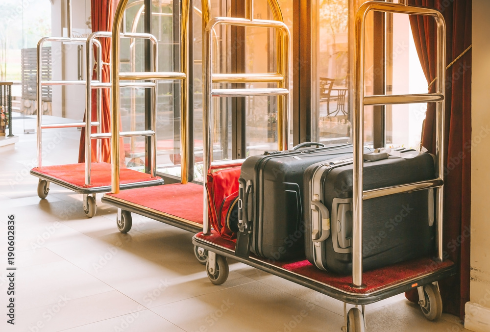 Hotel luggage cart / baggage trolley in the hotel lobby hallway background  or Bellman's luggage cart Stock Photo | Adobe Stock