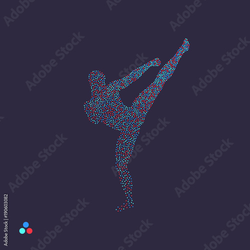 Kickbox fighter preparing to execute a high kick. Silhouette of a fighting man. Dotted silhouette of person. Vector illustration.