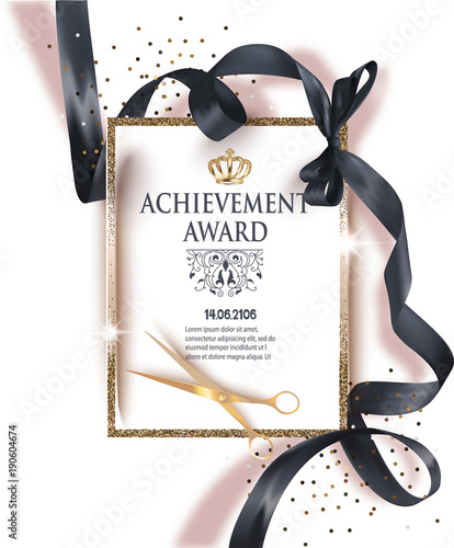 Certificate of achievement sheet with black ribbon and gold vintage frame. Vector illustration