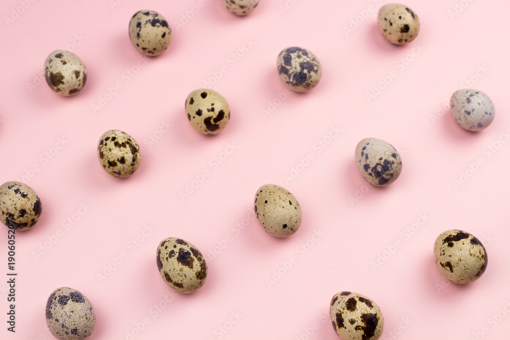 Holiday easter quail eggs on pastel pink background. Close up. Holiday easter quail eggs on pastel pink background. Close up.