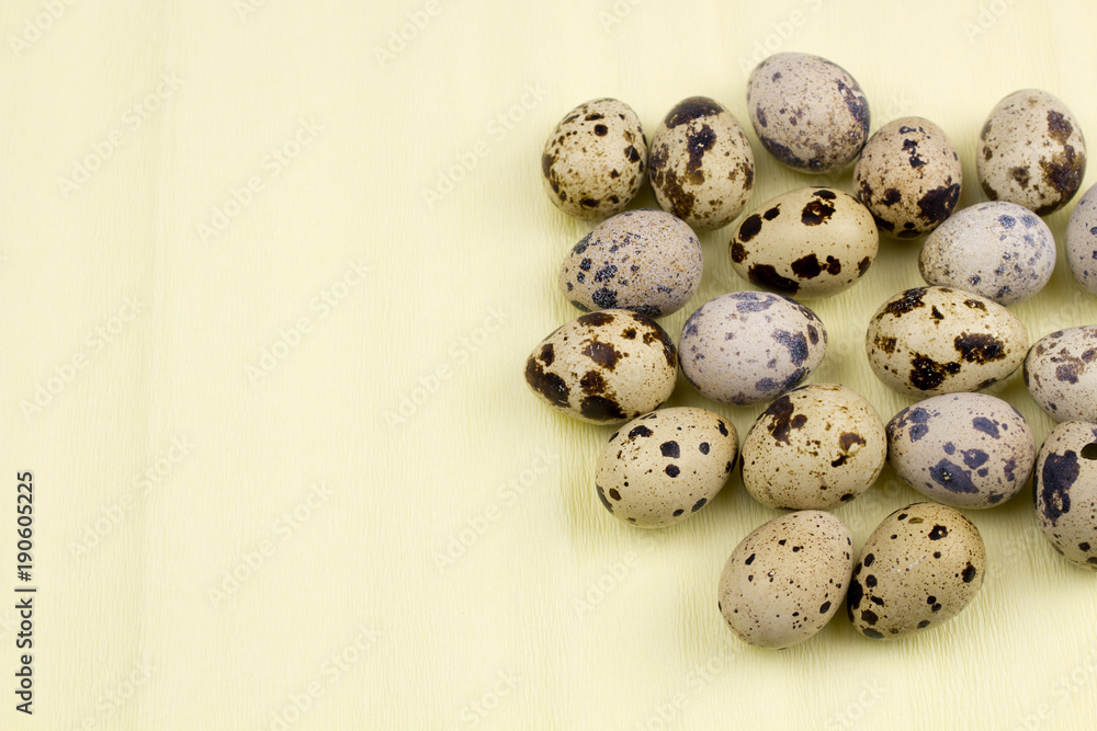 Holiday easter quail eggs on pastel yellow background. Close up. Holiday easter quail eggs on pastel yellow background. Close up.