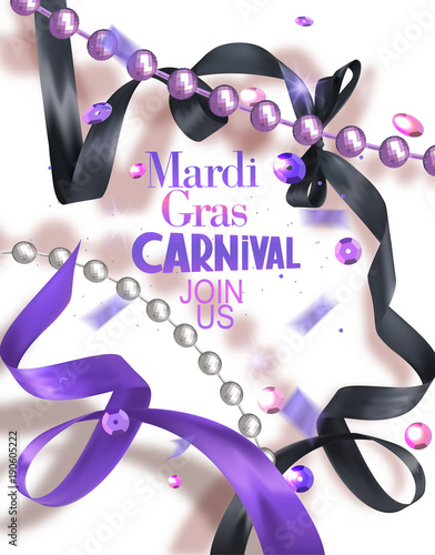 Mardi Gras carnival bammer with silk curly ribbons and necklaces and sequins. Vector illustration photo