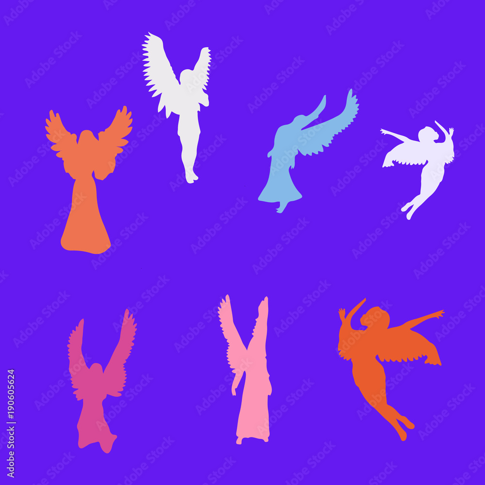 Obraz premium Collection of angels of different colors, silhouette on blue background,