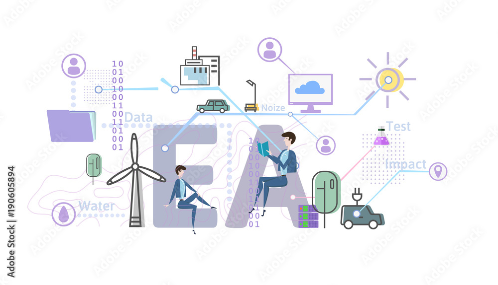 Environmental assessment, EA. Assessment of the environmental consequences. Concept vector illustration in flat style, isolated on white background. Environmental assessment, EA. Assessment of the environmental consequences. Concept vector illustration in flat style, isolated on white background.