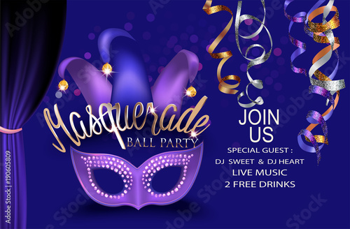 Masquerade ball party purple invitation banner with masquerade  deco object. Vector illustration
