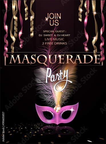 Masquerade party invitation card with hanging serpentine and mask with feathers. Vector illustration