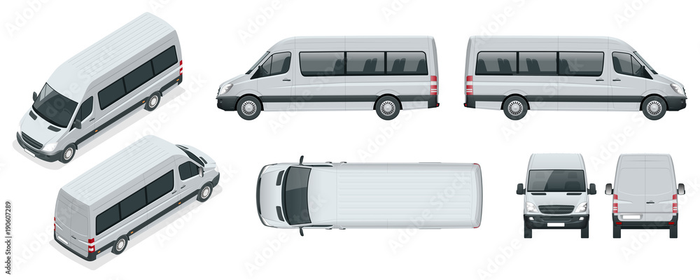 Obraz premium Realistic set of Van template Isolated passenger minibus for corporate identity and advertising. View from side, top, roof, rear, front, isometric.