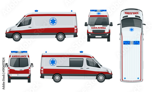 Ambulance Car. An emergency medical service, administering emergency care to those with acute medical problems. Side view, top, roof, rear, front.