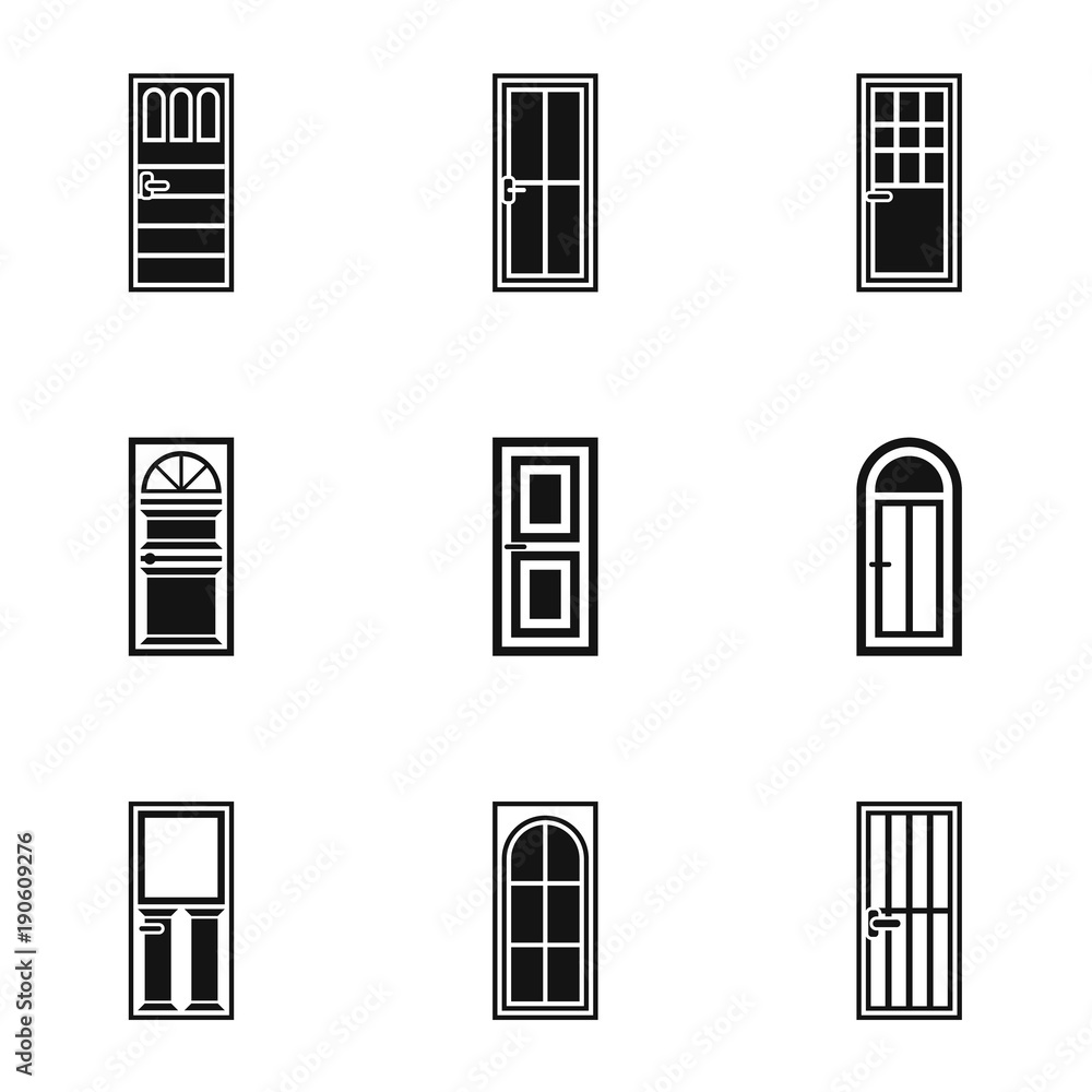 Interior doors icons set, simple style Interior doors icons set, simple style