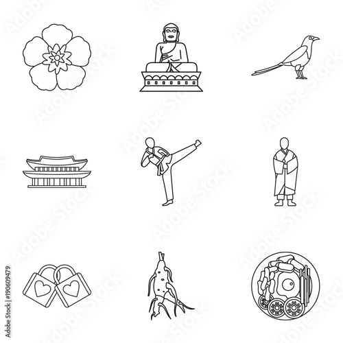 South Korea republic icons set, outline style